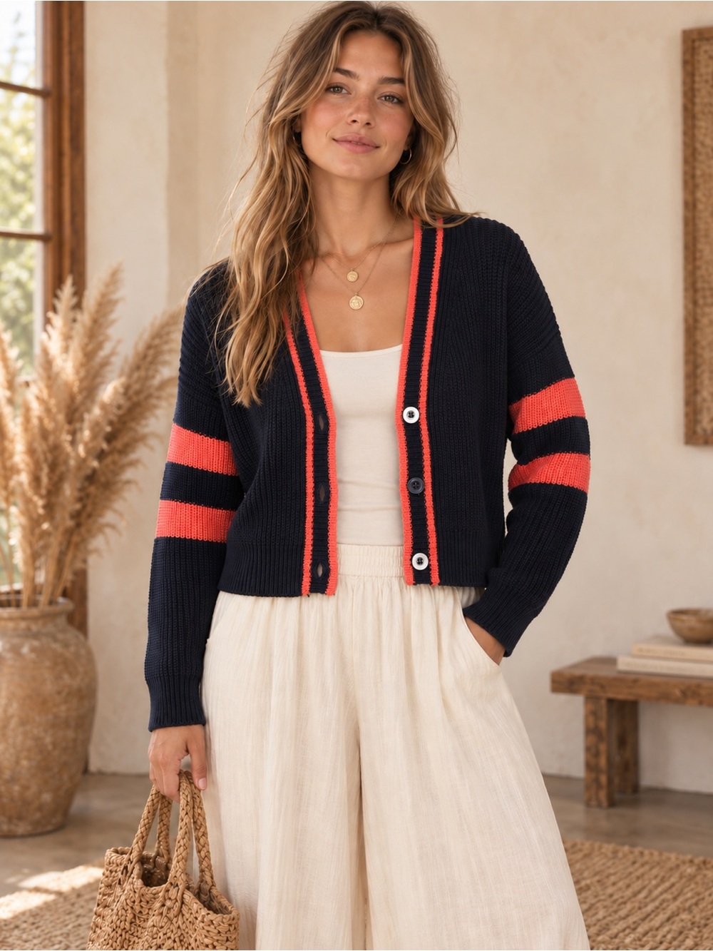 Harper Navy & Coral Striped Chunky Knit Cardigan Boho Coastal Preppy